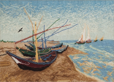 Haft wykonany na podstawie obrazu Vincenta van Gogha Łodzie rybackie na plaży w Saintes-Maries-de-la-Mer